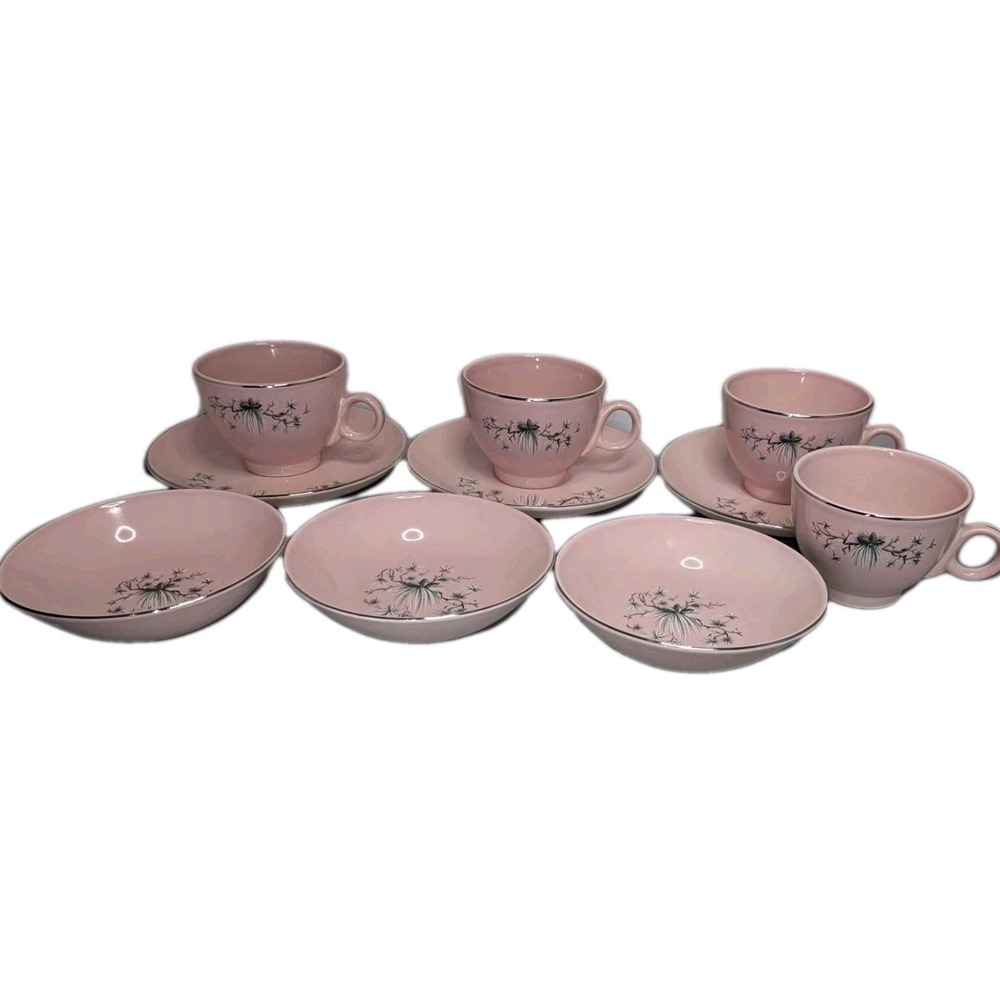 Taylor Smith Taylor Pink Dwarf Pine MCM Atomic Coffee Tea Cup Saucer Bowl 10 Pc